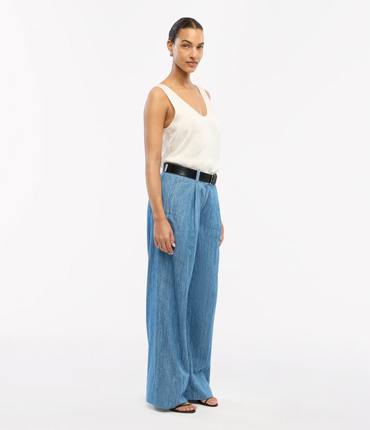 Another Tomorrow Chambray Relaxed Wide Leg Pant in Medium Blue – Denim Women's Trousers