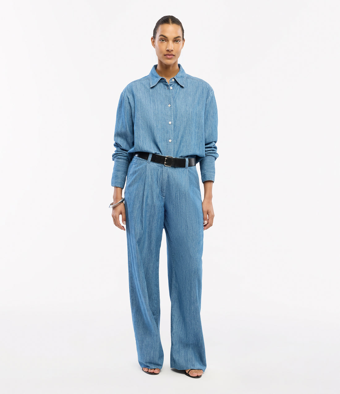 Another Tomorrow Chambray Shirt in Medium Blue – Denim Women's Top