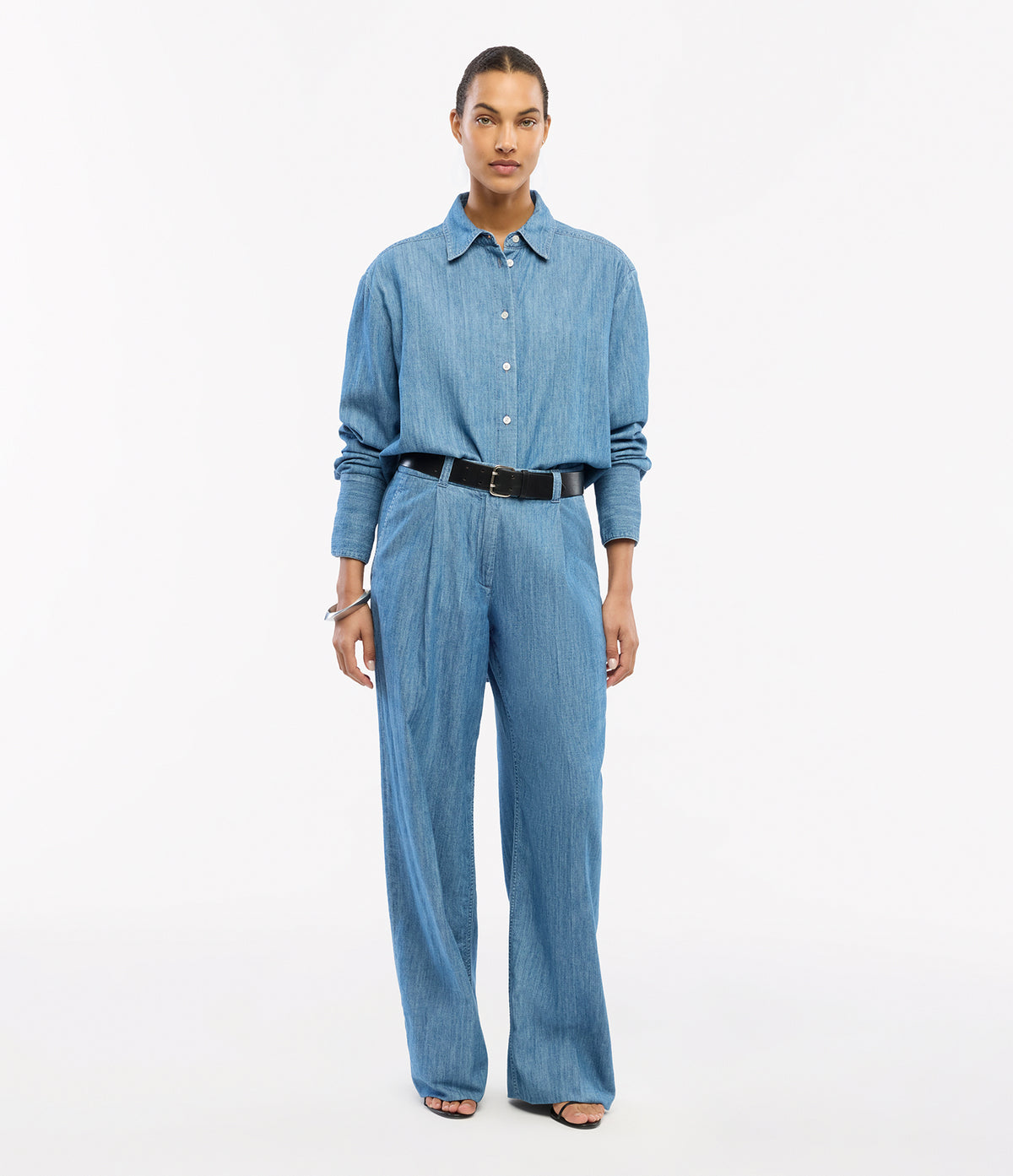 Another Tomorrow Chambray Shirt in Medium Blue – Denim Women's Top