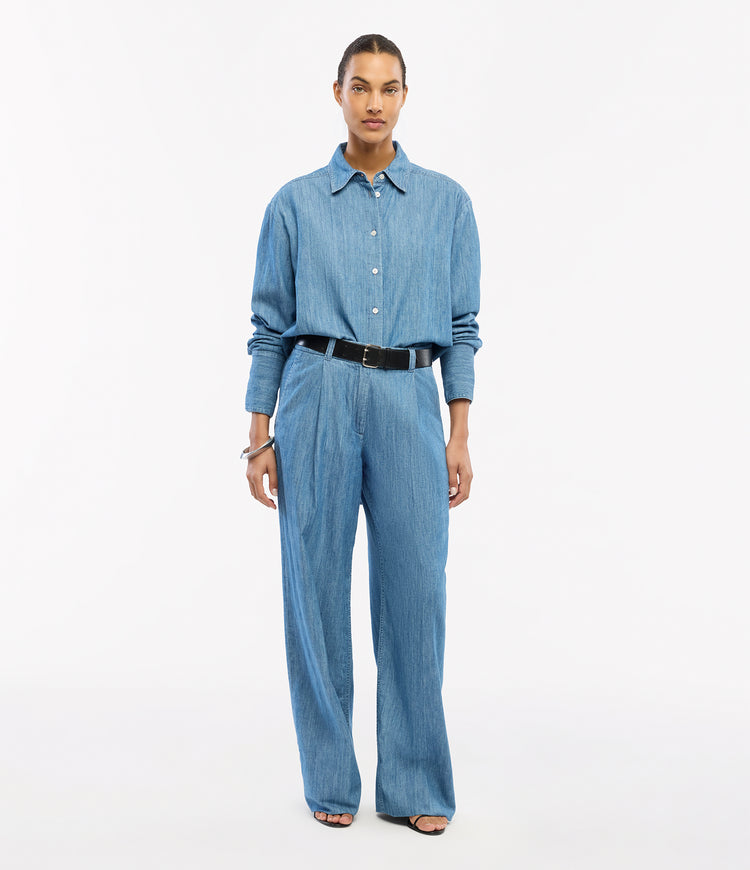 Another Tomorrow Chambray Shirt in Medium Blue – Denim Women's Top