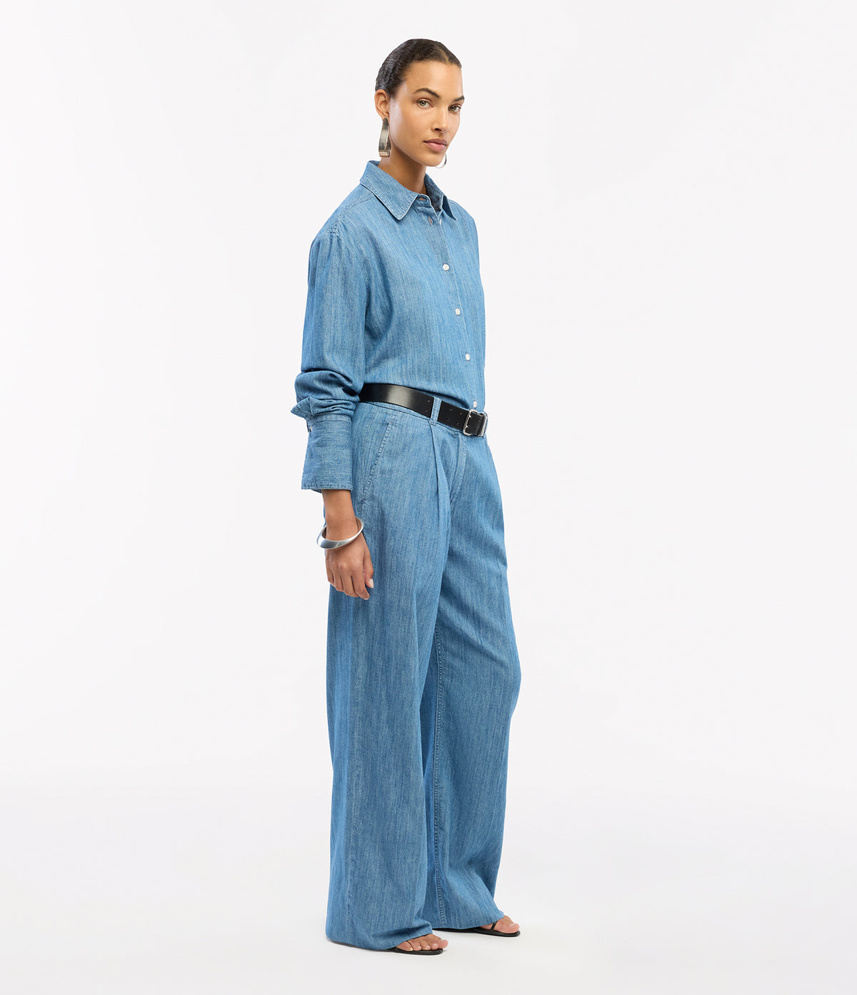 Another Tomorrow Chambray Shirt in Medium Blue – Denim Women's Top