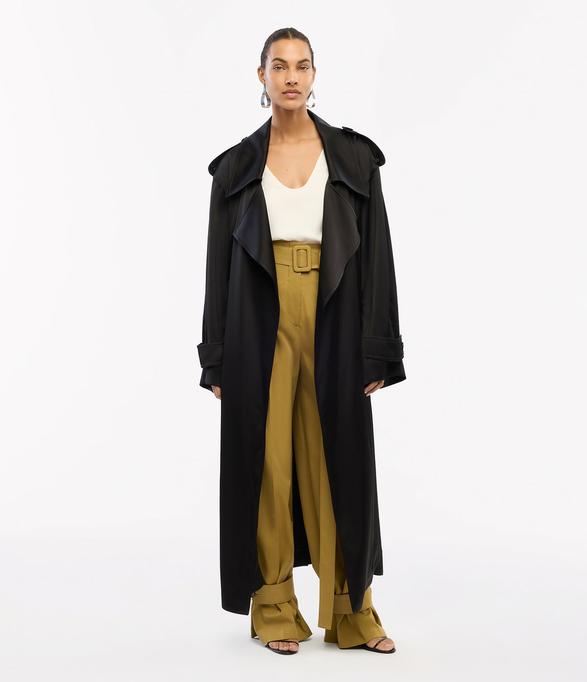 Another Tomorrow Satin Soft Trench in Black – Satin Women's Outerwear