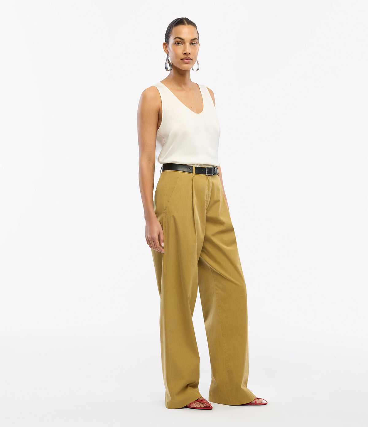 Another Tomorrow Cotton Relaxed Wide Leg Pant in Thyme – Cotton Women's Trousers