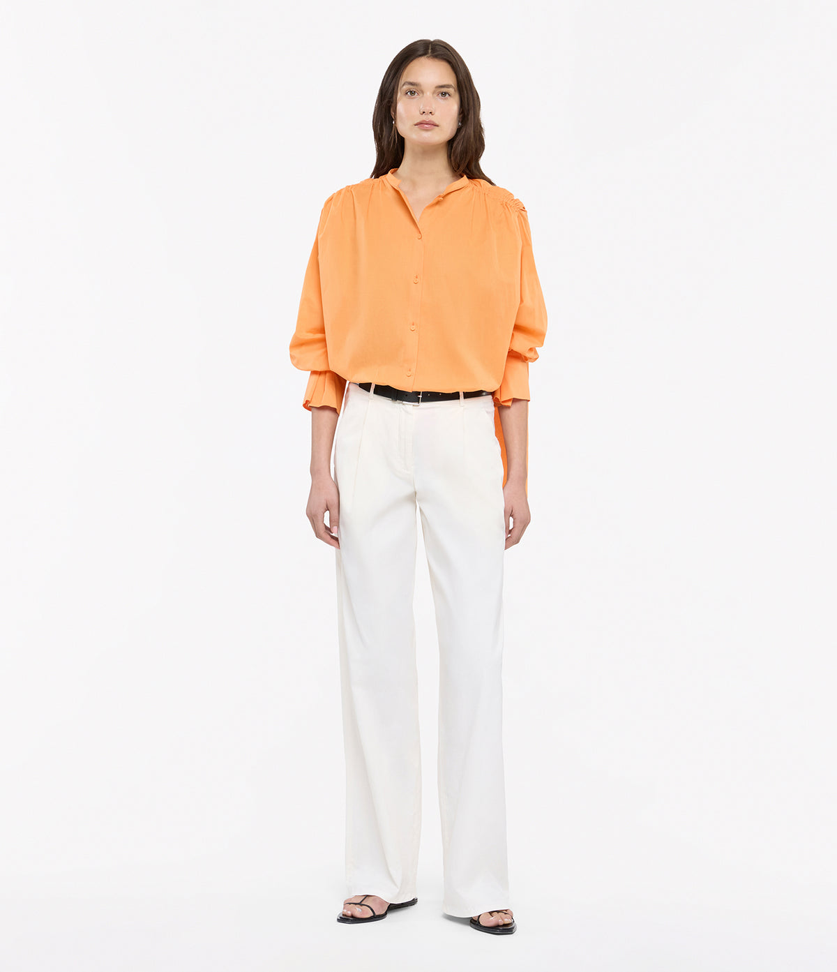 Another Tomorrow Gathered Voile Blouse in Papaya – Cotton Women's Top