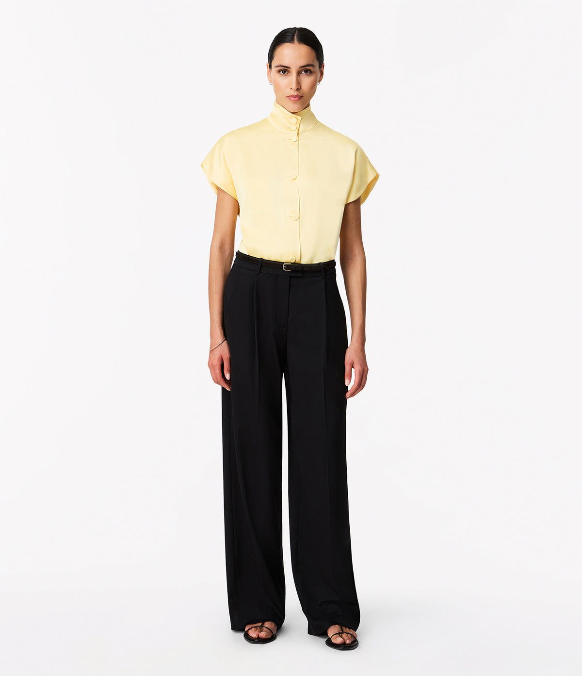 Another Tomorrow Mock Neck Buttoned Top in Daffodil – Satin Women's Top