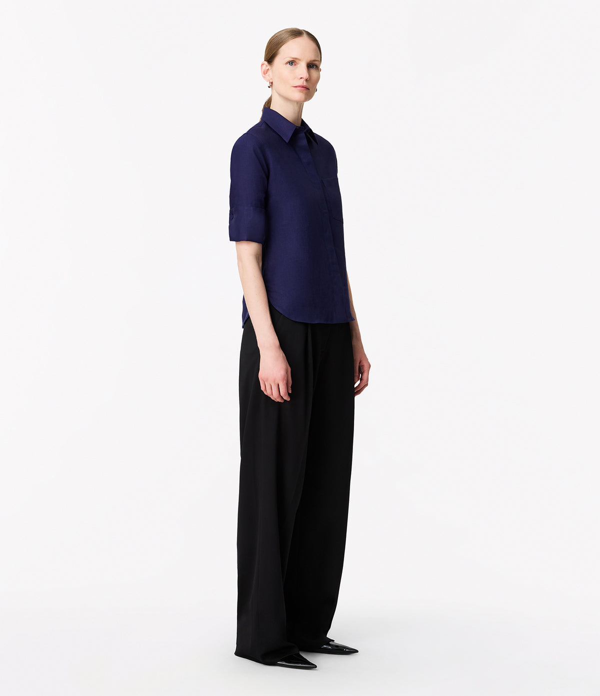Another Tomorrow Linen French Cuff Blouse in Indigo – Linen Women's Top