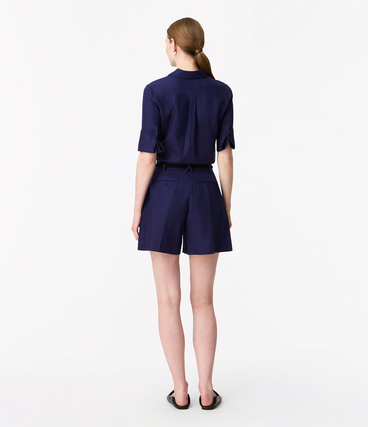 Another Tomorrow Linen Pleated Short in Indigo – Linen Women's Trousers