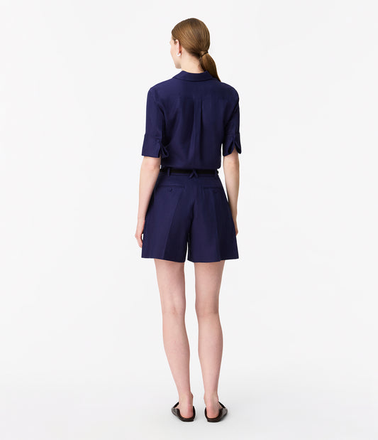 Another Tomorrow Linen Pleated Short in Indigo – Linen Women's Trousers