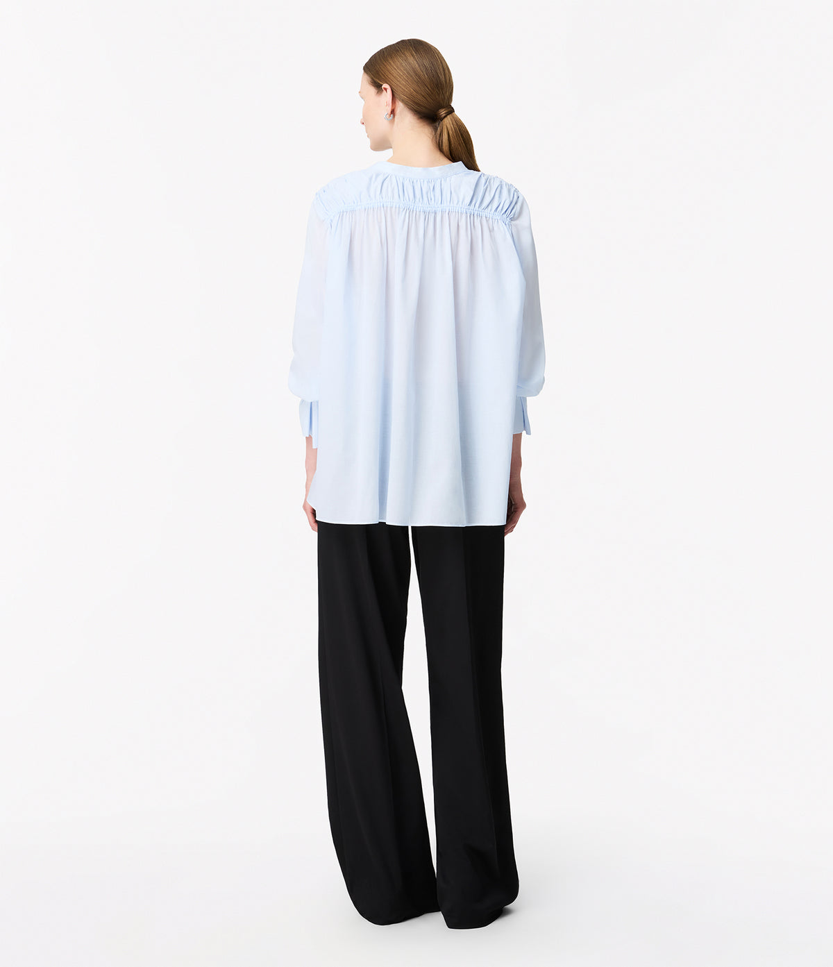 Another Tomorrow Gathered Voile Blouse in French Blue – Cotton Women's Top