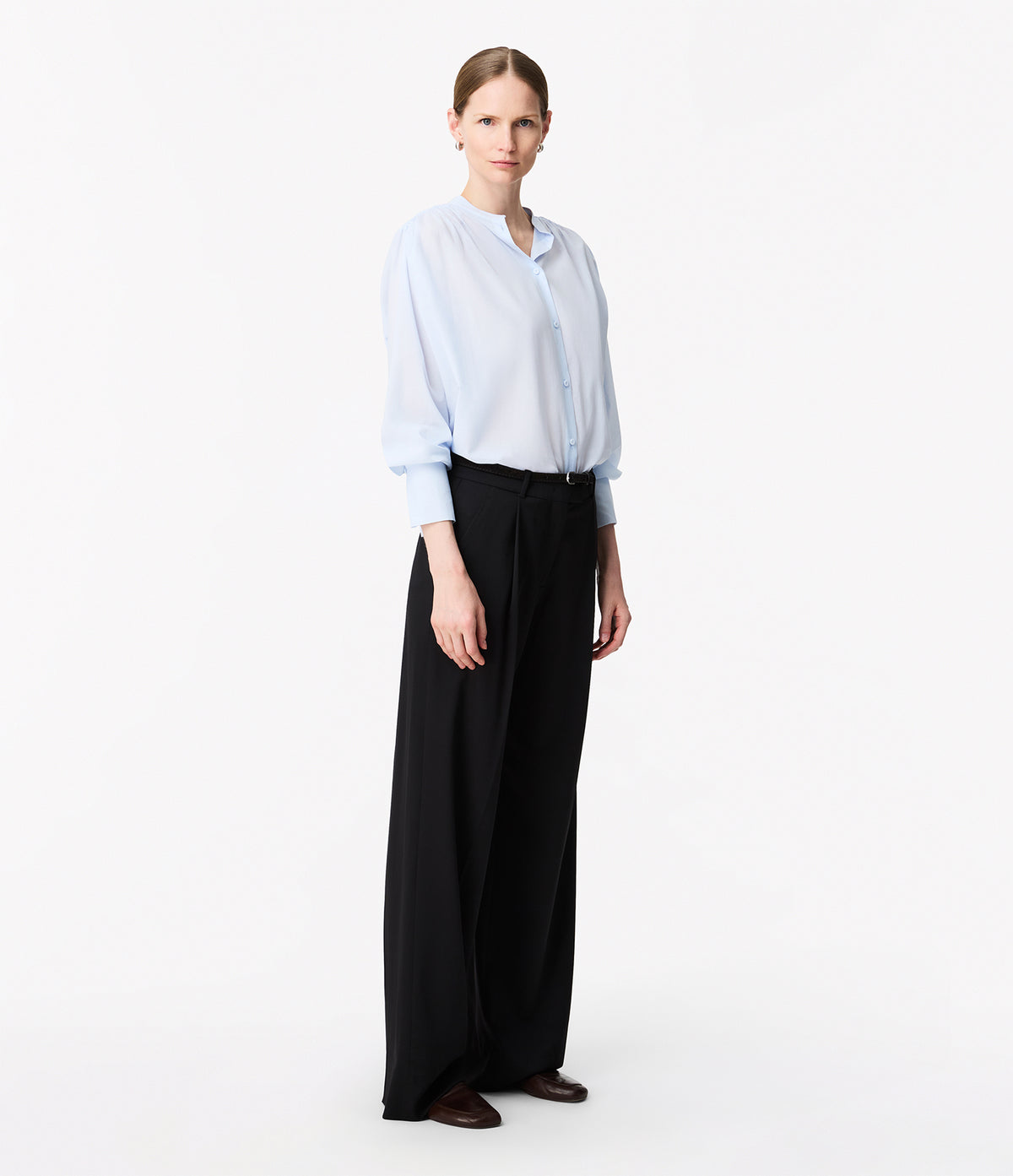 Another Tomorrow Gathered Voile Blouse in French Blue – Cotton Women's Top