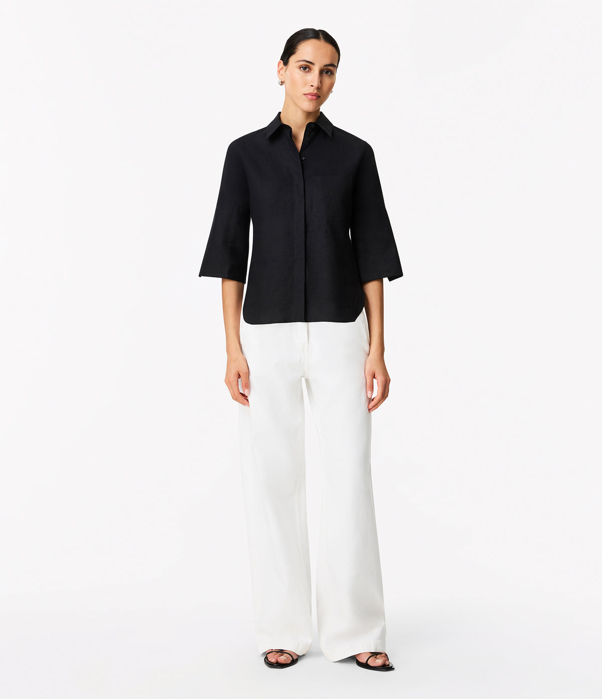 Another Tomorrow Linen French Cuff Blouse in Black – Linen Women's Top