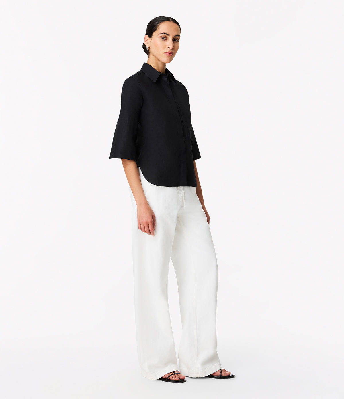 Another Tomorrow Linen French Cuff Blouse in Black – Linen Women's Top