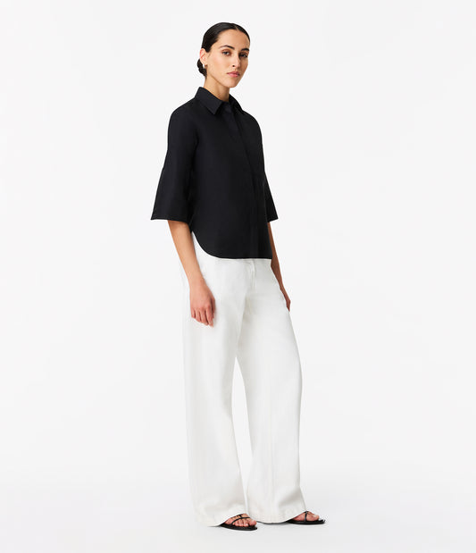 Another Tomorrow Linen French Cuff Blouse in Black – Linen Women's Top