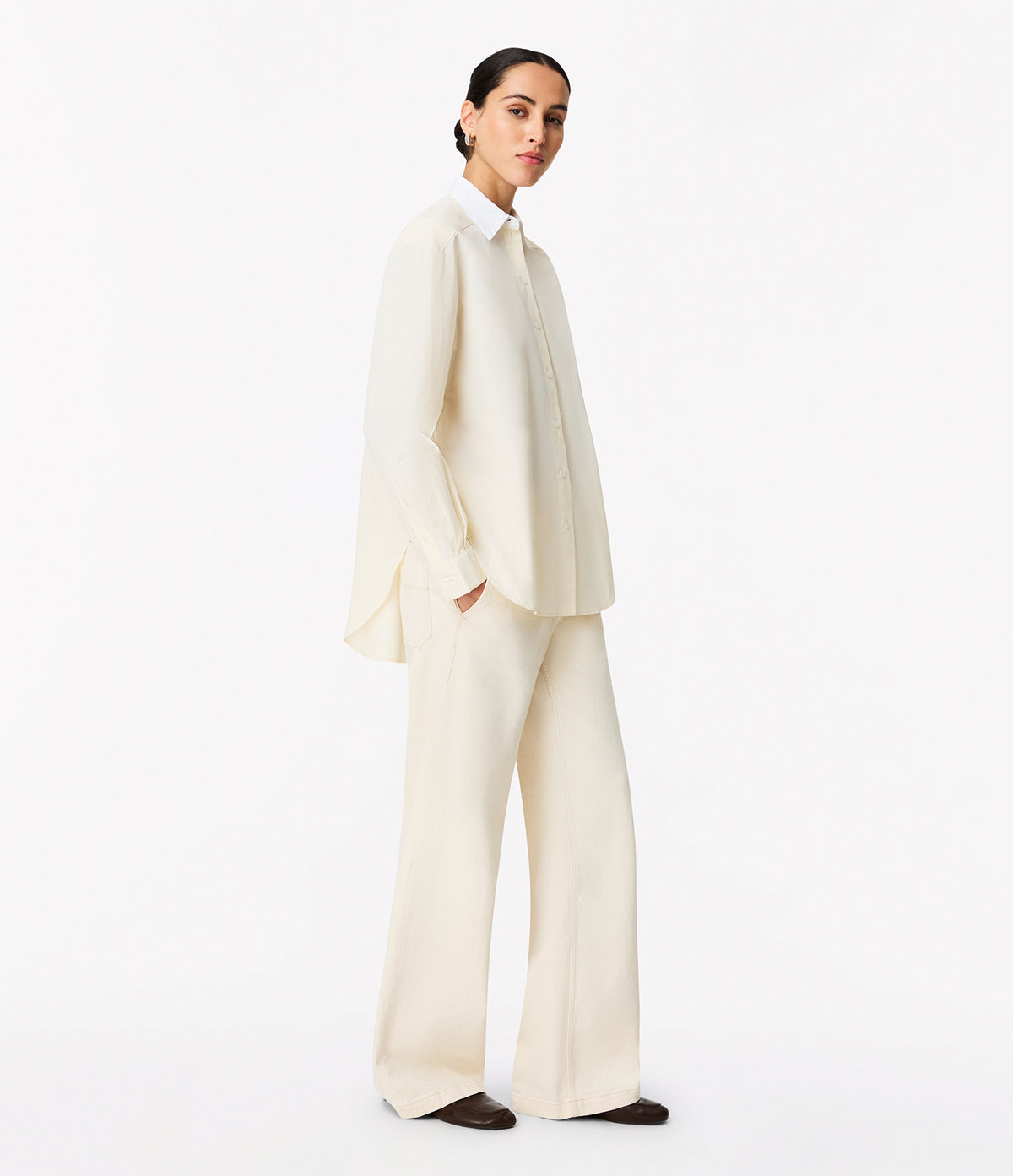 Another Tomorrow Pleat Back Poplin Shirt in Ecru – Cotton Women's Top