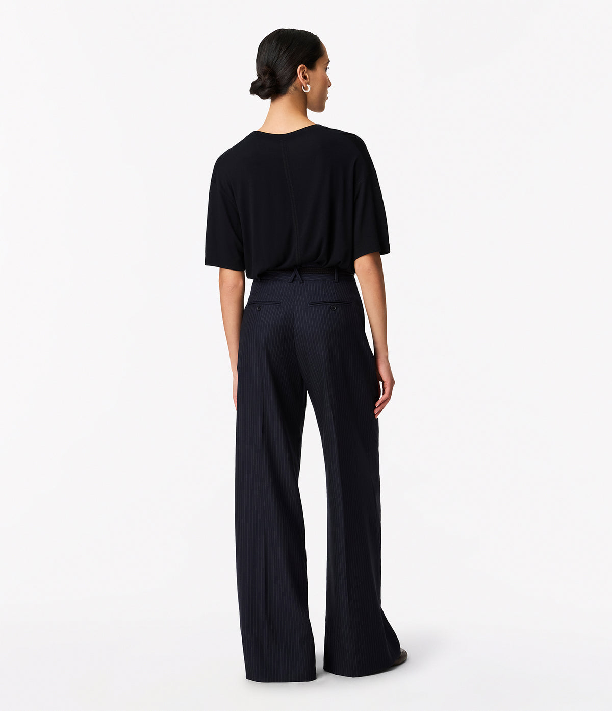 Another Tomorrow Pinstripe Pleated Trouser in Navy/Chalk – Wool Women's Trousers