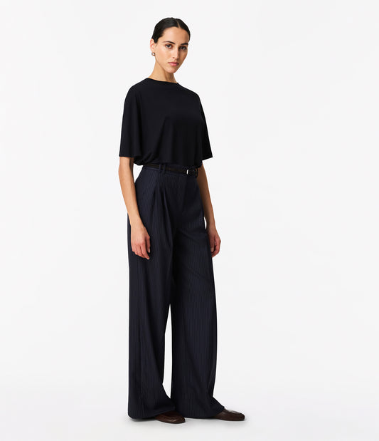 Another Tomorrow Pinstripe Pleated Trouser in Navy/Chalk – Wool Women's Trousers