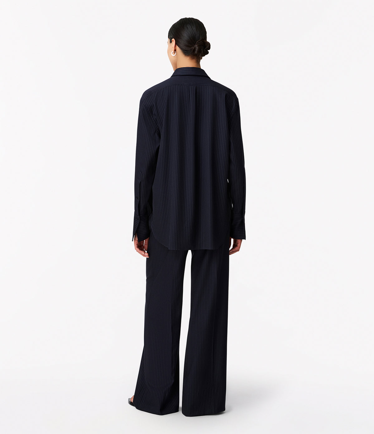 Another Tomorrow Pinstripe Relaxed Shirt in Navy/Chalk – Wool Women's Top