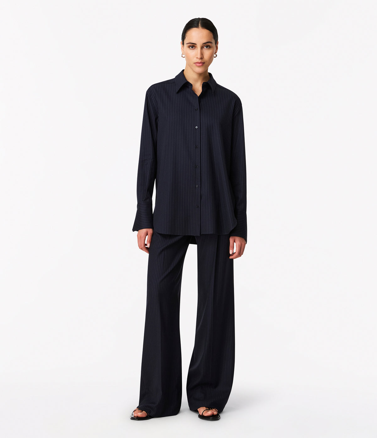 Another Tomorrow Pinstripe Relaxed Shirt in Navy/Chalk – Wool Women's Top