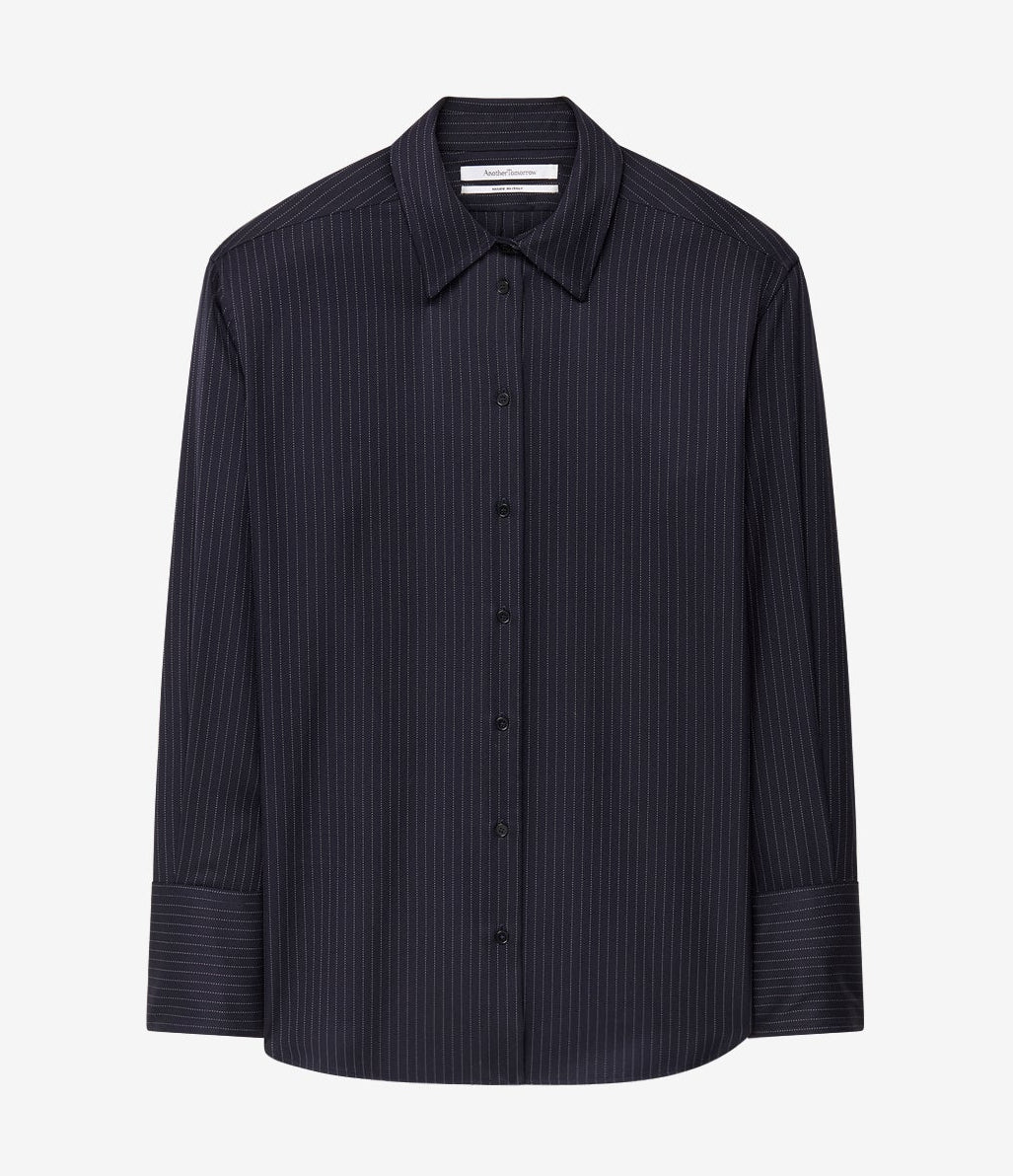 Another Tomorrow Pinstripe Relaxed Shirt in Navy/Chalk – Wool Women's Top