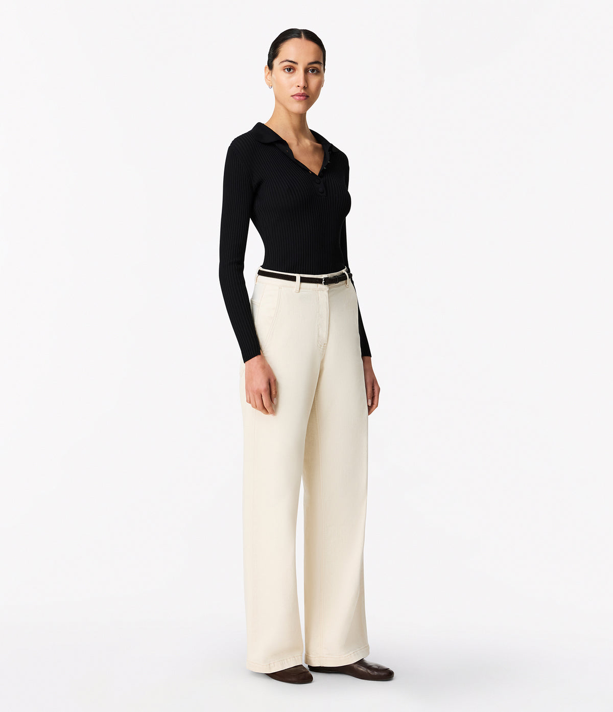 Another Tomorrow Ribbed Knit Polo in Black – Viscose Women's Knitwear