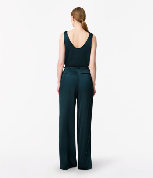Another Tomorrow Satin Pleated Trouser in Juniper – Satin Women's Trousers