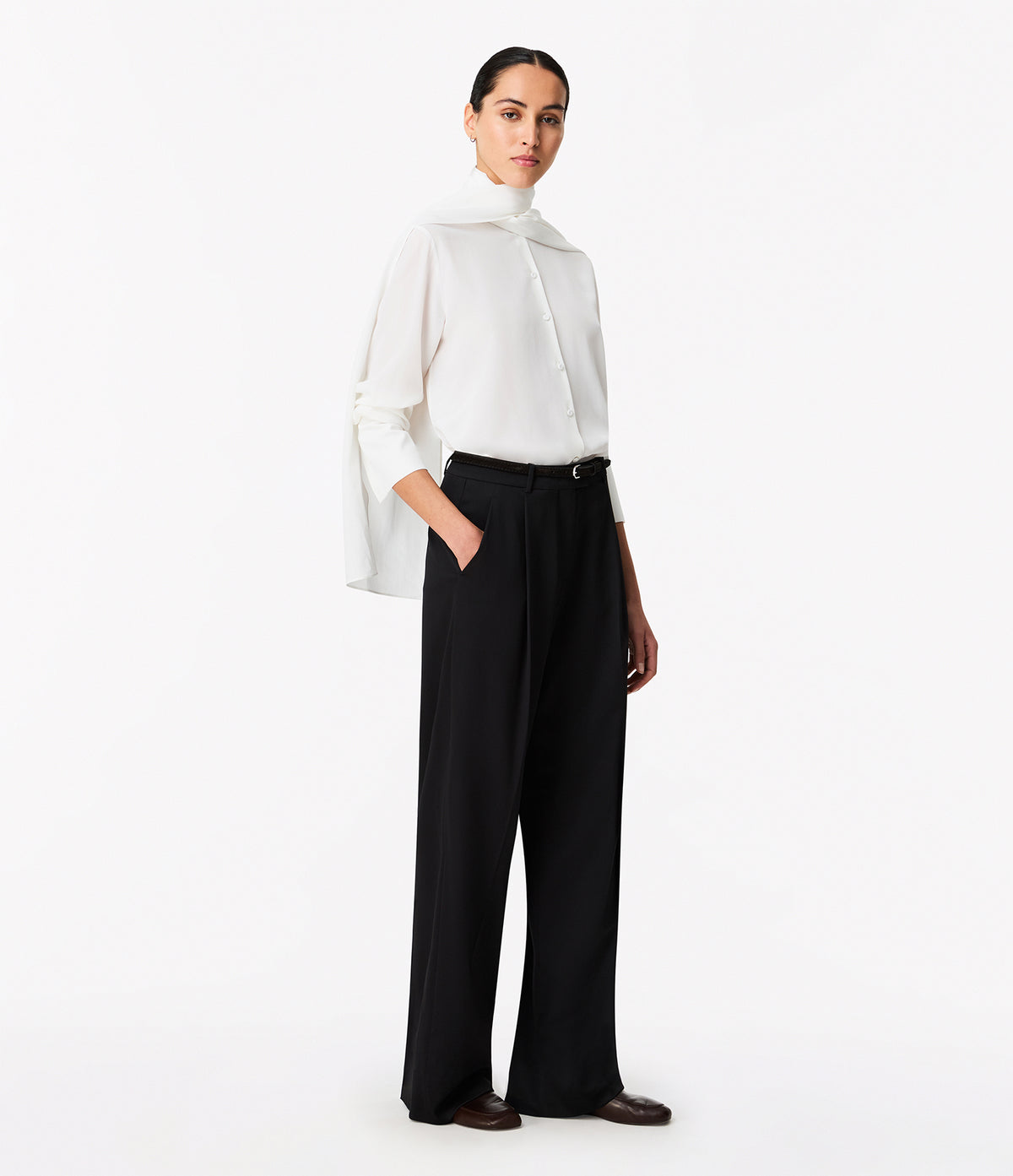 Another Tomorrow Signature Bow Blouse in Off White – Silk Women's Top