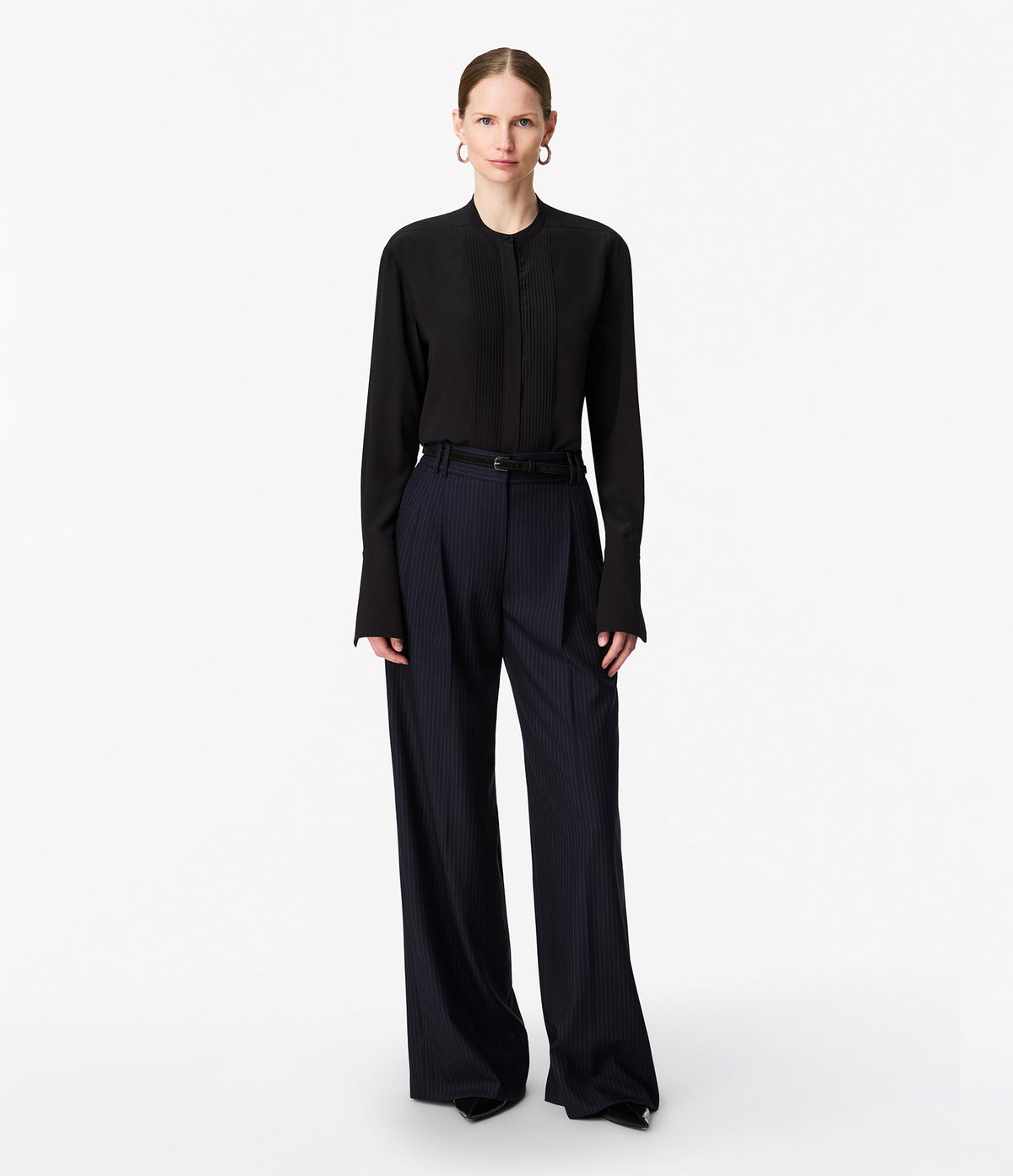 Another Tomorrow Tuxedo Shirt in Black – Silk Women's Top