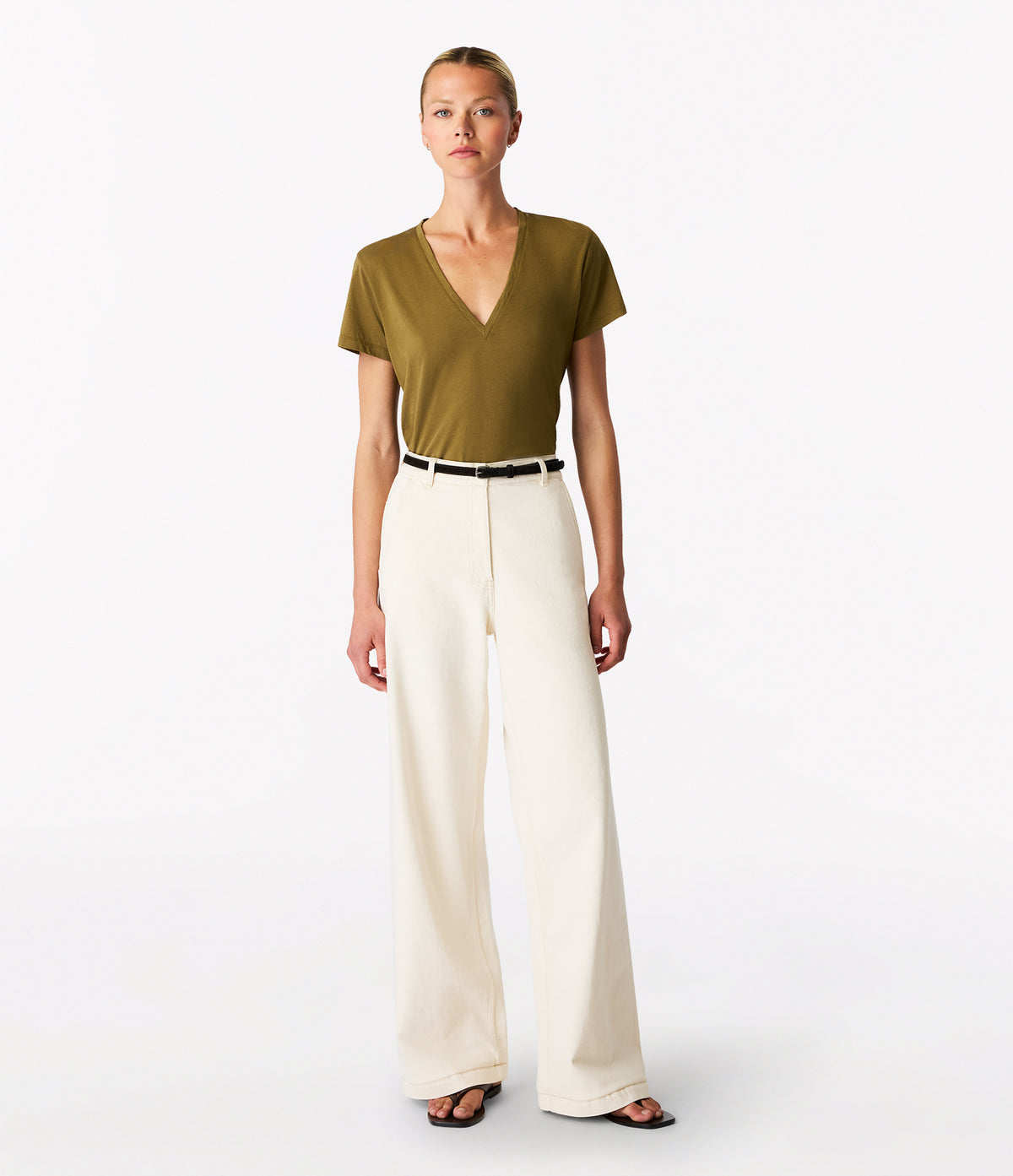Another Tomorrow V-Neck Tee in Moss – Cotton Women's Top
