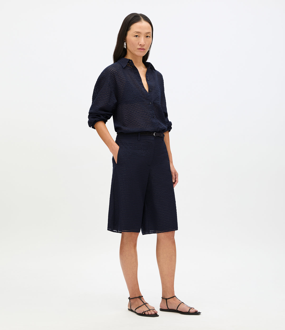 Another Tomorrow Gingham Bermuda Short in Black – Viscose Women's Trousers