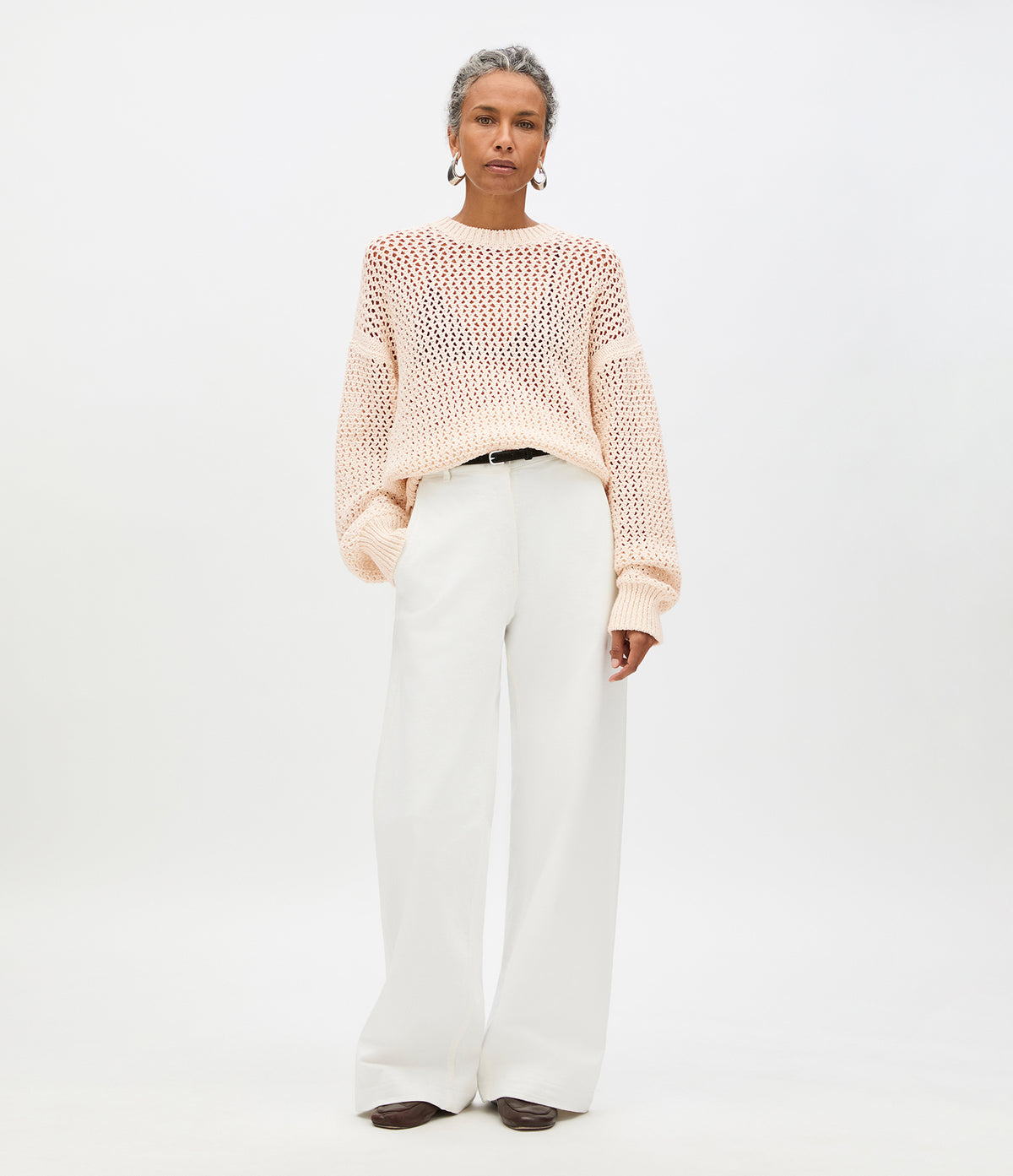 Another Tomorrow Open Knit Crewneck in Ecru – Cotton Women's Knitwear