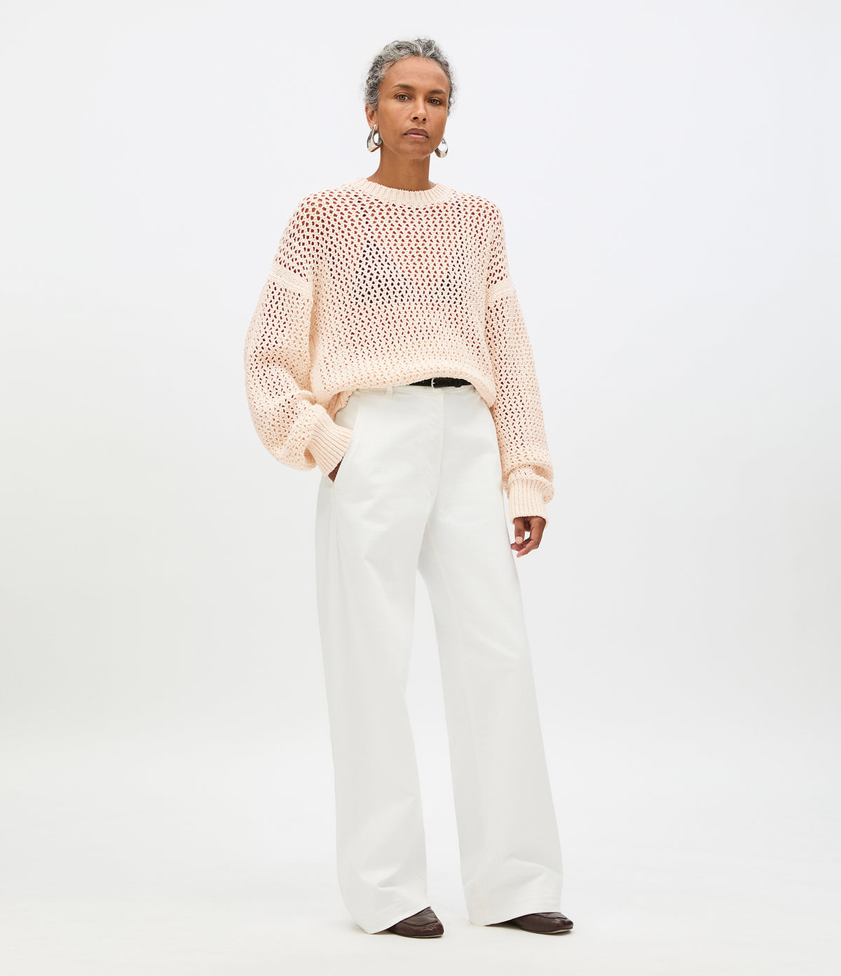 Another Tomorrow Open Knit Crewneck in Ecru – Cotton Women's Knitwear