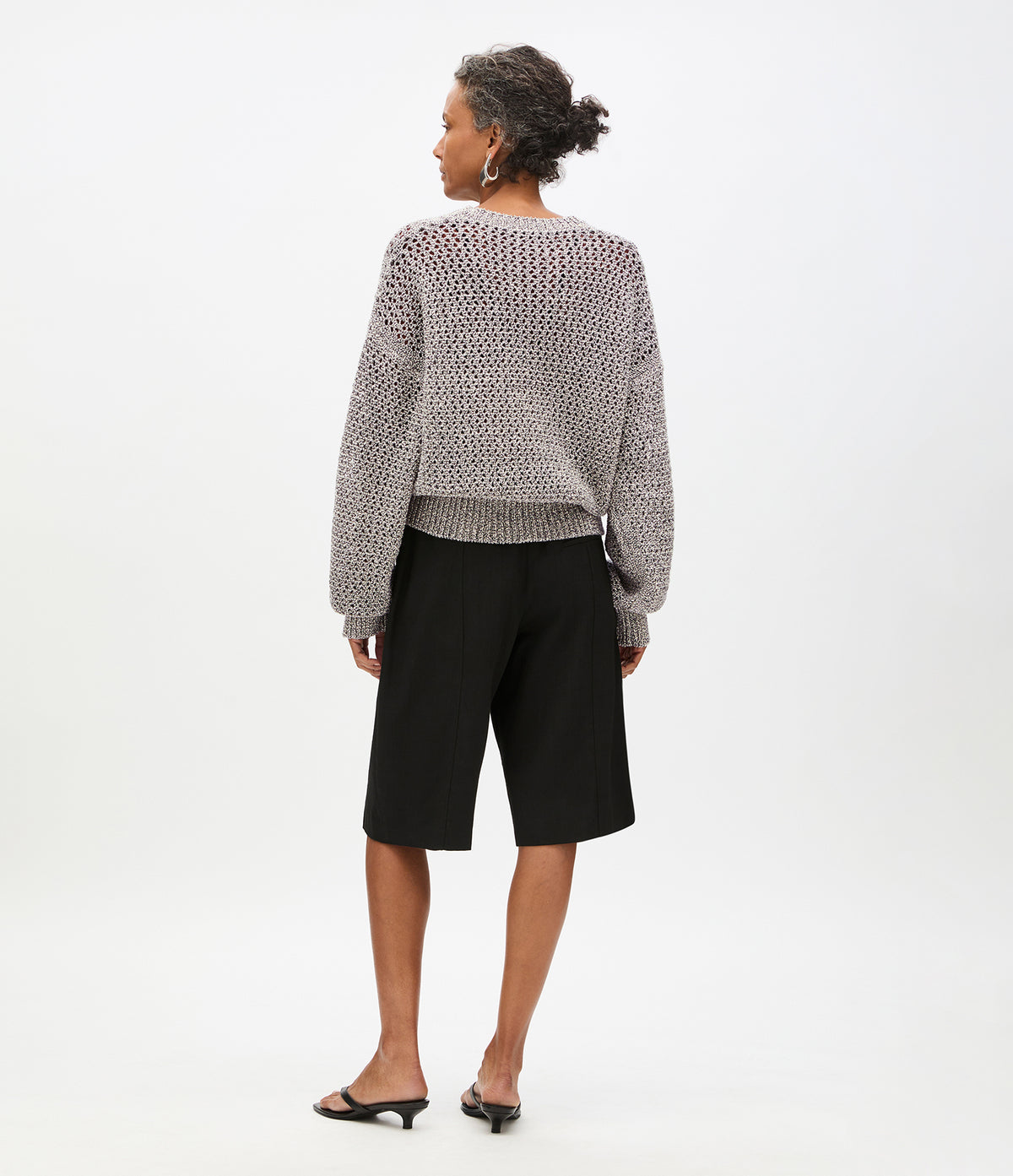Another Tomorrow Open Knit Crewneck in Black Ecru – Cotton Women's Knitwear