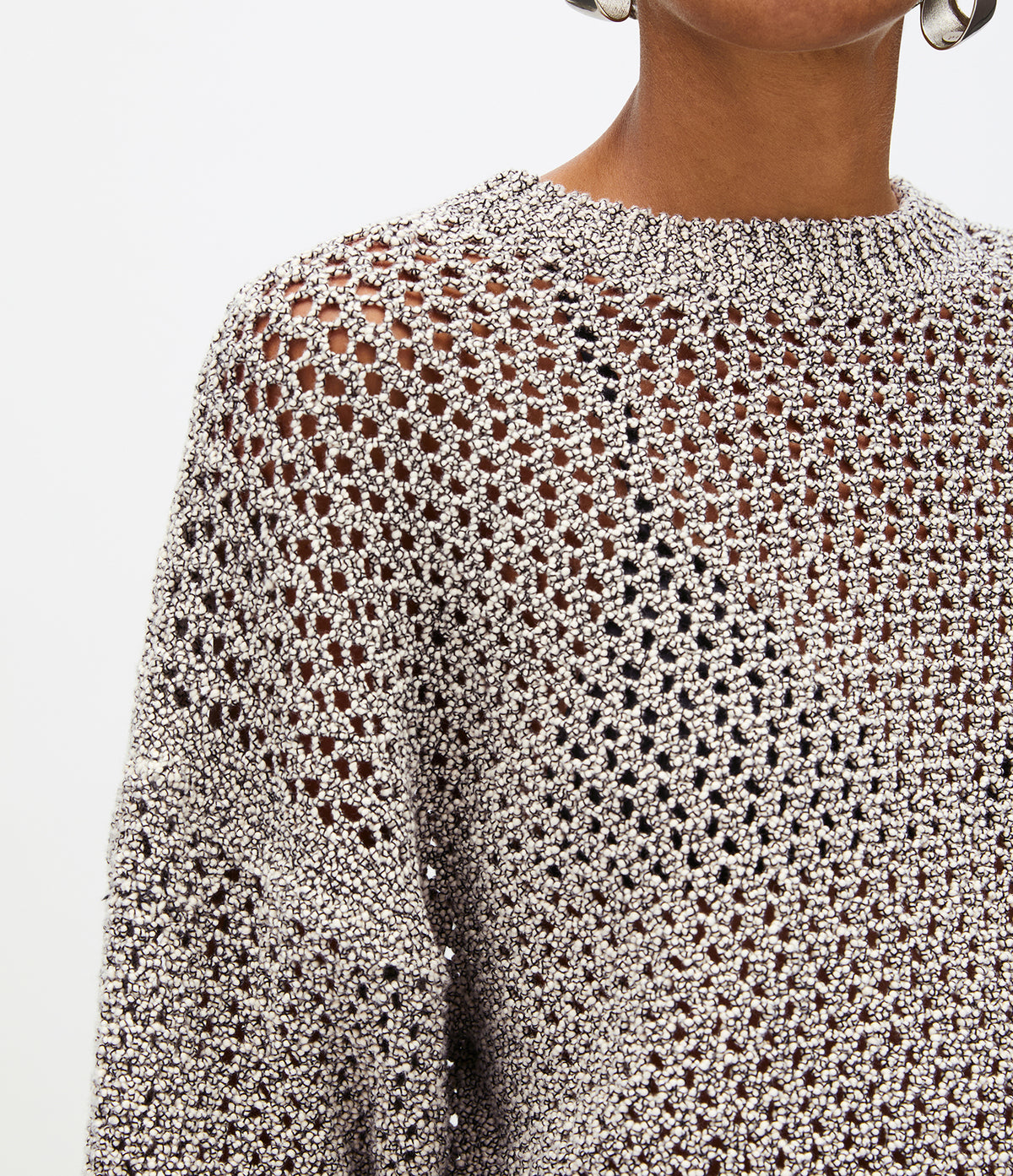Another Tomorrow Open Knit Crewneck in Black Ecru – Cotton Women's Knitwear