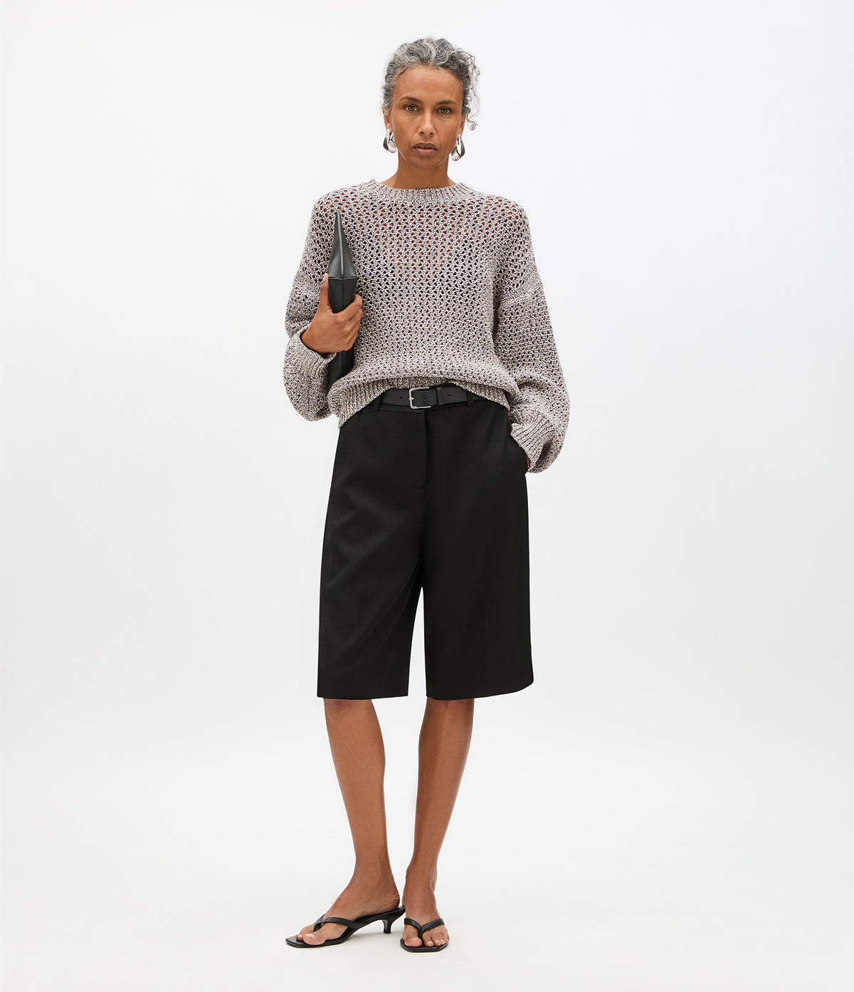 Another Tomorrow Open Knit Crewneck in Black Ecru – Cotton Women's Knitwear