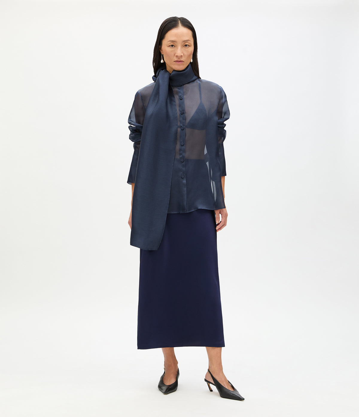 Another Tomorrow Organza Bow Blouse in Indigo – Silk Women's Top