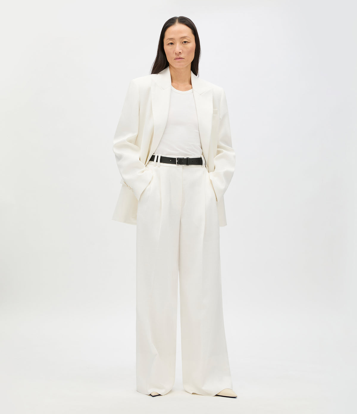 Another Tomorrow High Waisted Pleated Trouser in Off White – Cotton Women's Trousers