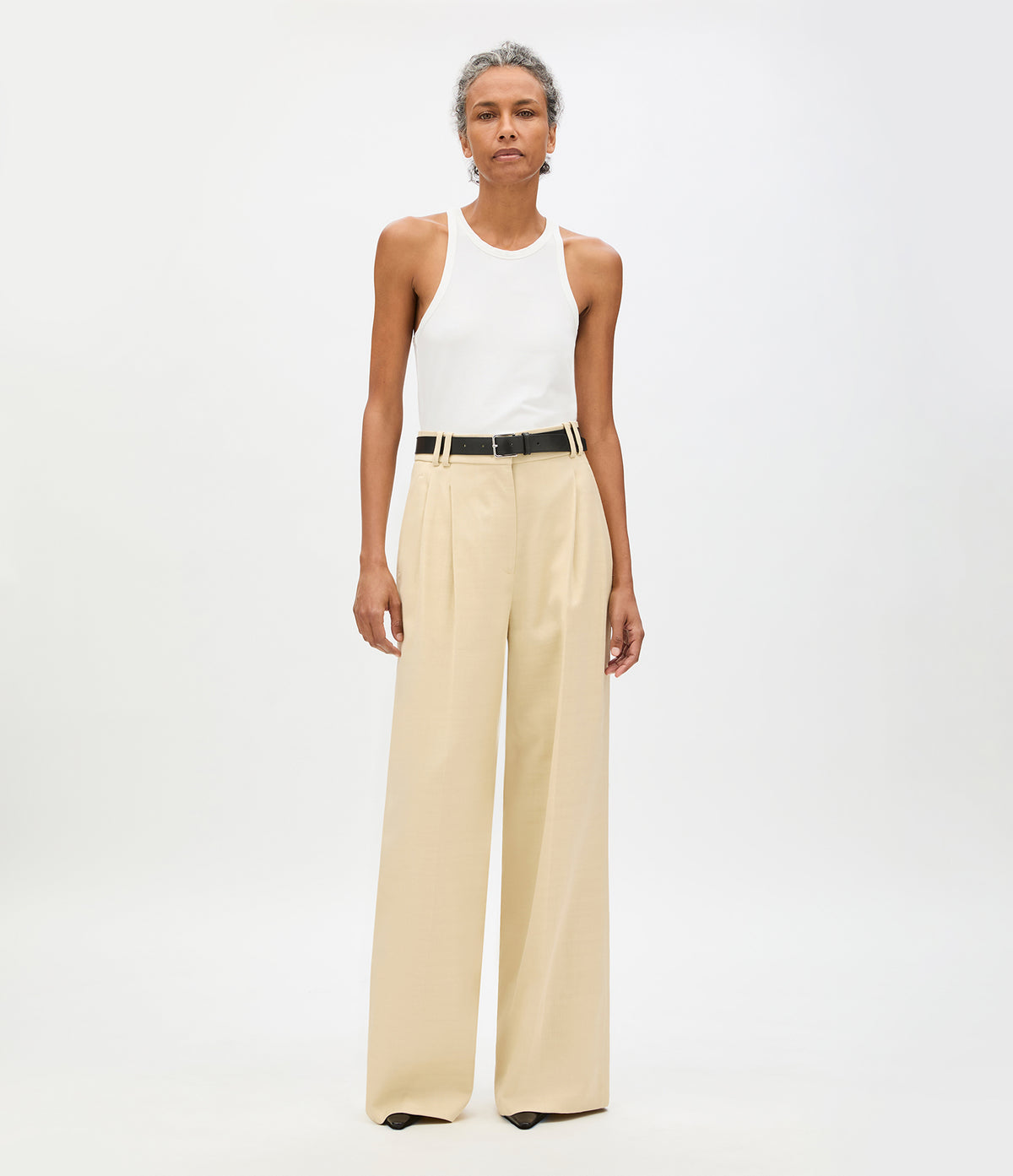 Another Tomorrow High Waisted Pleated Trouser in Sand – Cotton Women's Trousers