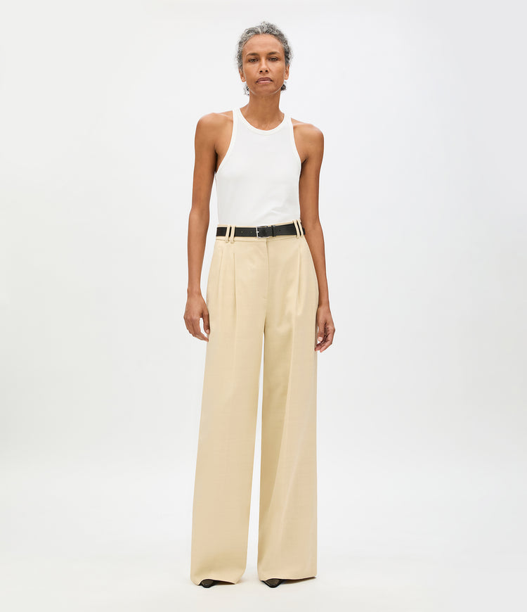 Another Tomorrow High Waisted Pleated Trouser in Sand – Cotton Women's Trousers