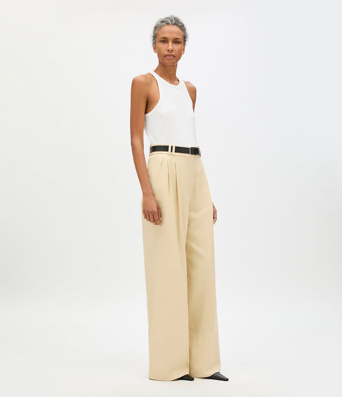 Another Tomorrow High Waisted Pleated Trouser in Sand – Cotton Women's Trousers
