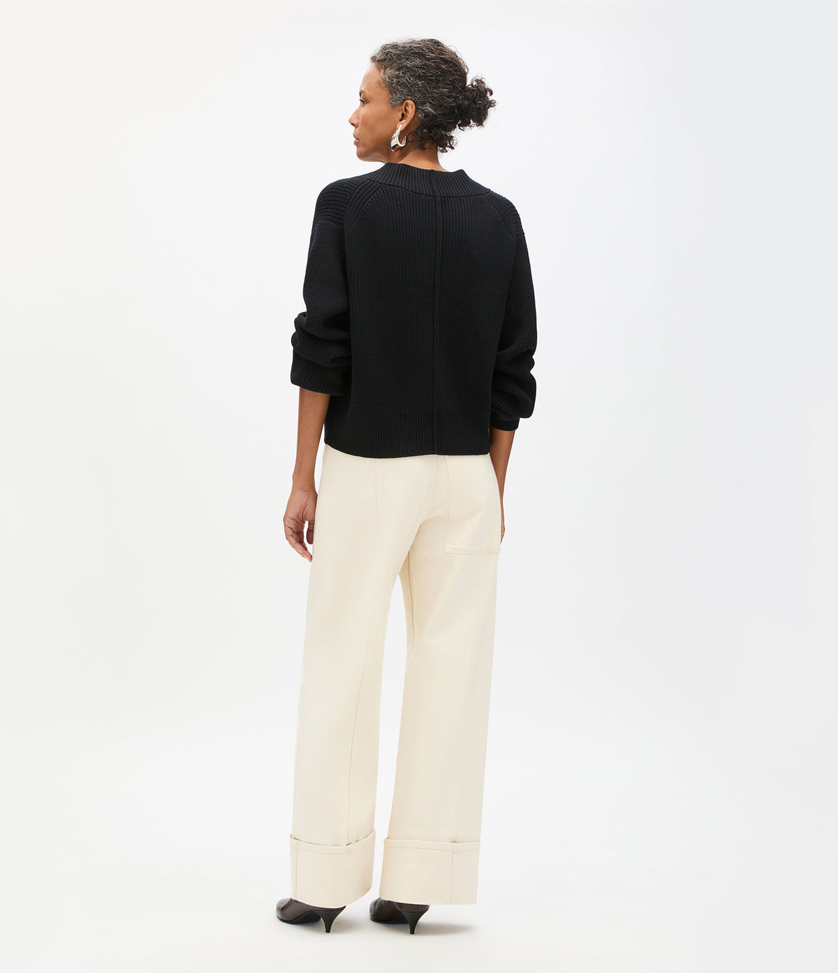 Another Tomorrow Rib Cropped Cardigan in Black – Wool Women's Knitwear