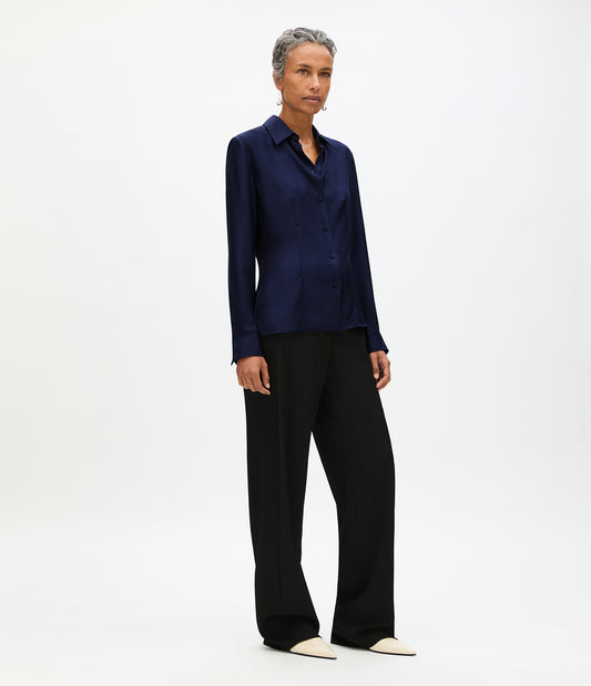 Another Tomorrow Silk Fitted Blouse in Indigo – Silk Women's Top