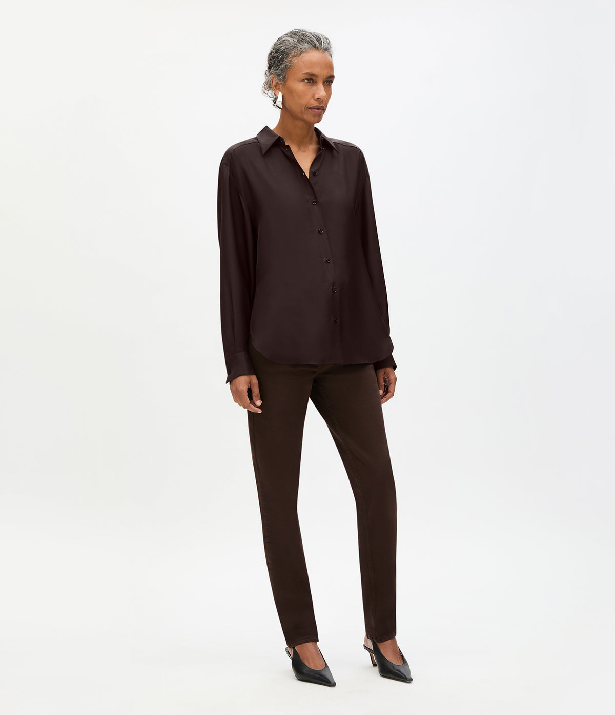 Another Tomorrow Silk Pleat Back Shirt in Chocolate – Silk Women's Top