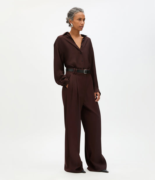 Another Tomorrow Twill Pleated Trouser in Dark Chocolate – Wool Women's Trousers