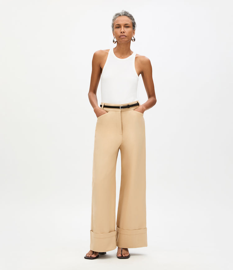 Another Tomorrow Wide Cuff Pant in Khaki – Cotton Women's Trousers