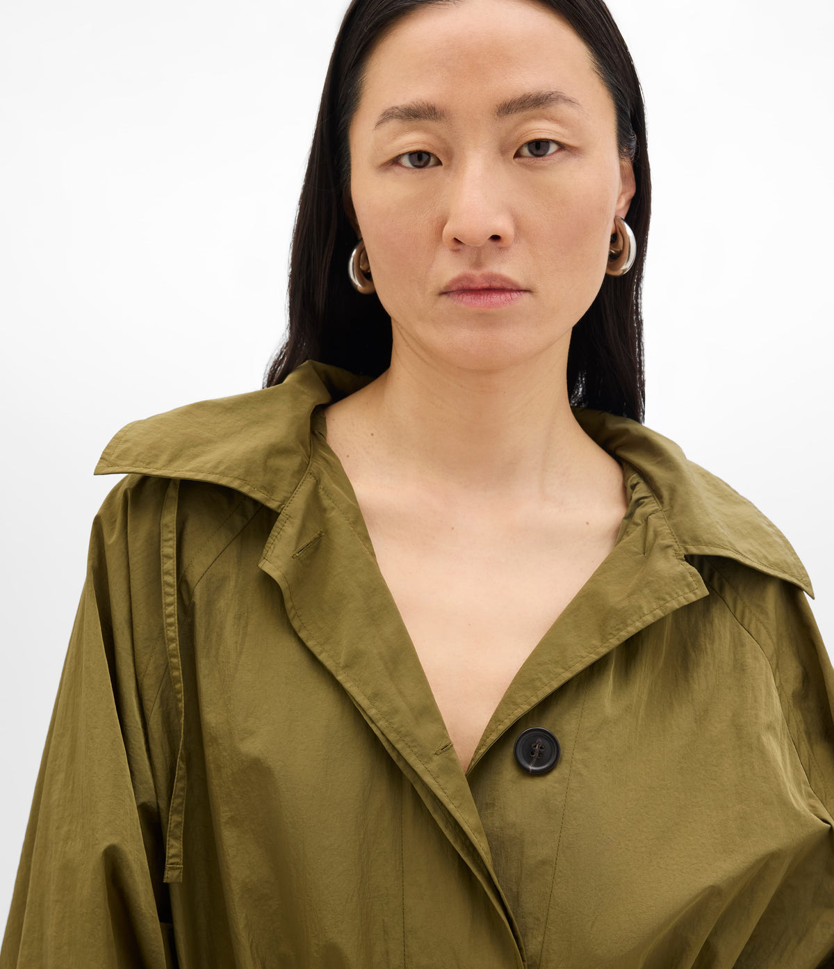Another Tomorrow Recycled Nylon Trench in Olive – Nylon Women's Outerwear