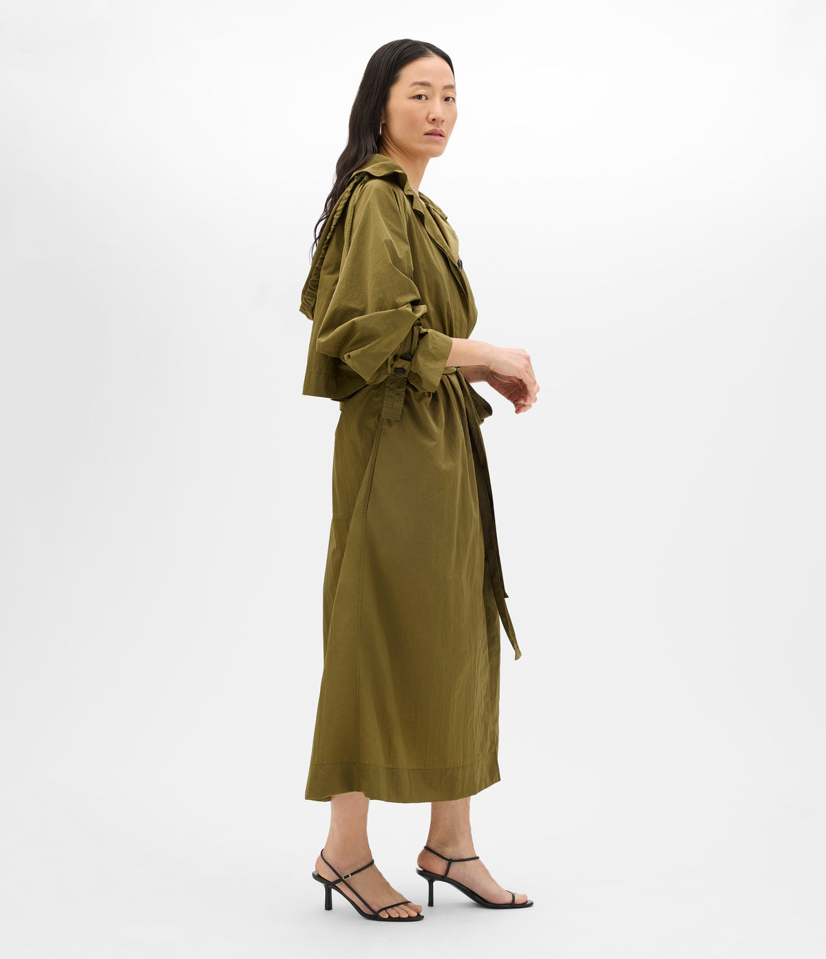 Another Tomorrow Recycled Nylon Trench in Olive – Nylon Women's Outerwear
