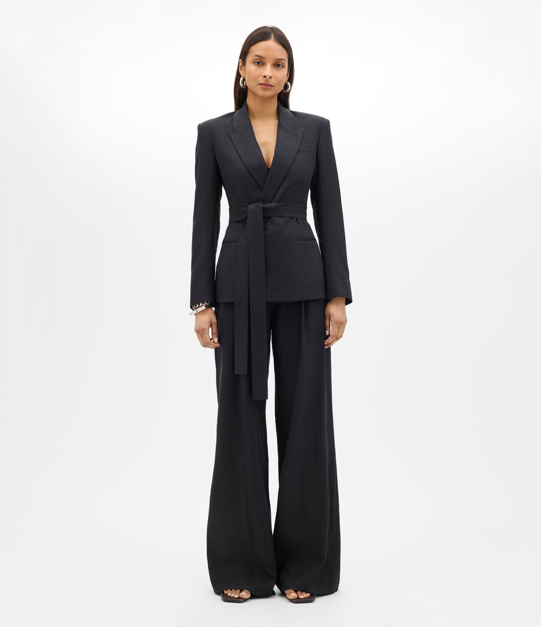 Another Tomorrow Double Breasted Fitted Jacket in Black – Linen Women's Jacket