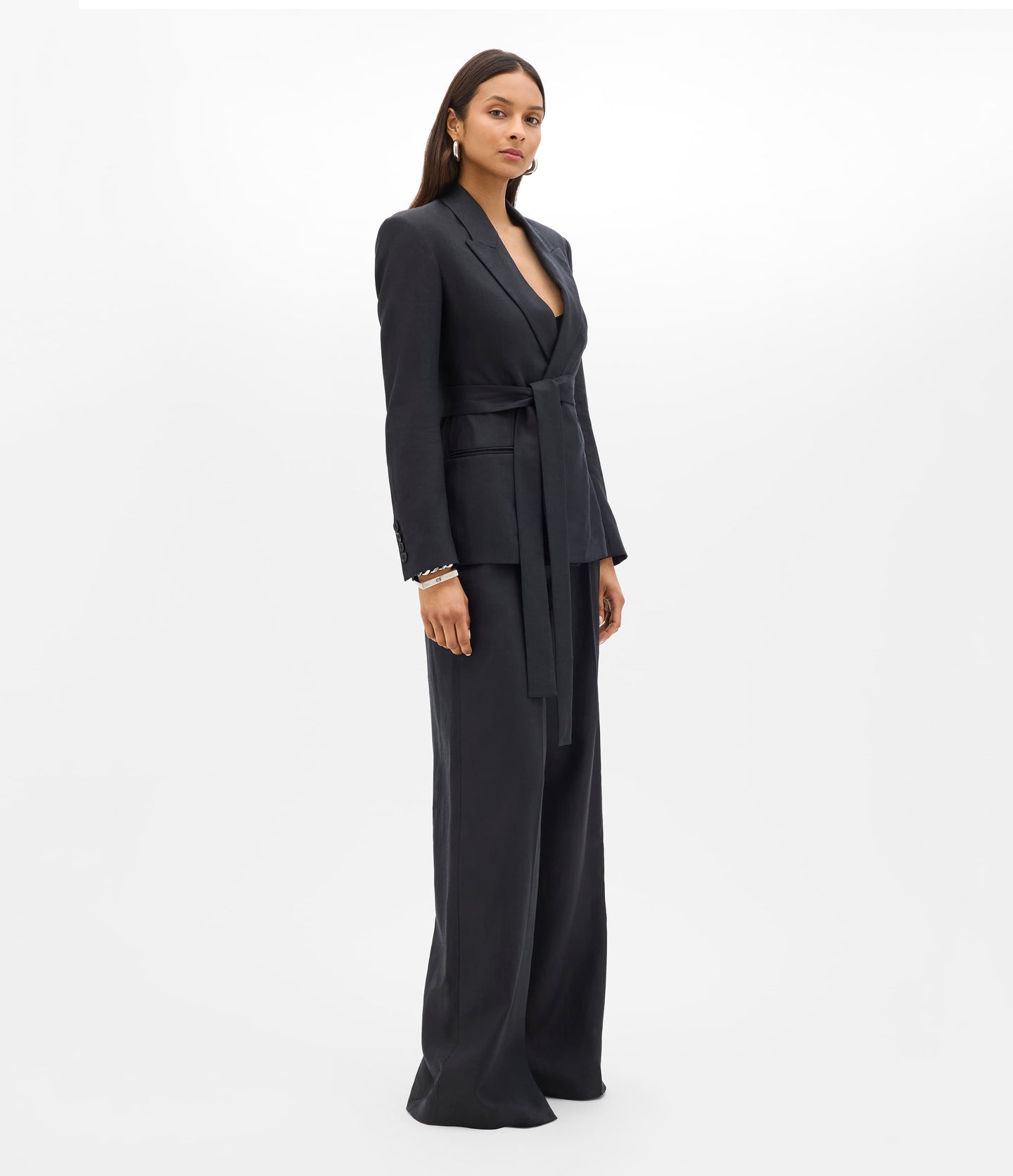 Another Tomorrow Double Breasted Fitted Jacket in Black – Linen Women's Jacket