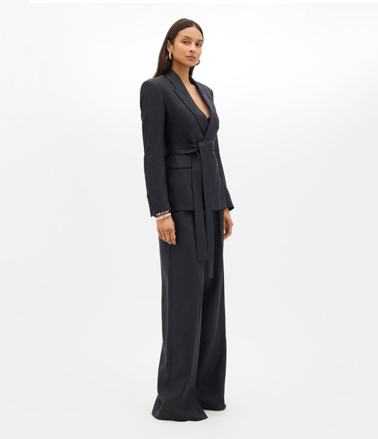 Another Tomorrow Double Breasted Fitted Jacket in Black – Linen Women's Jacket