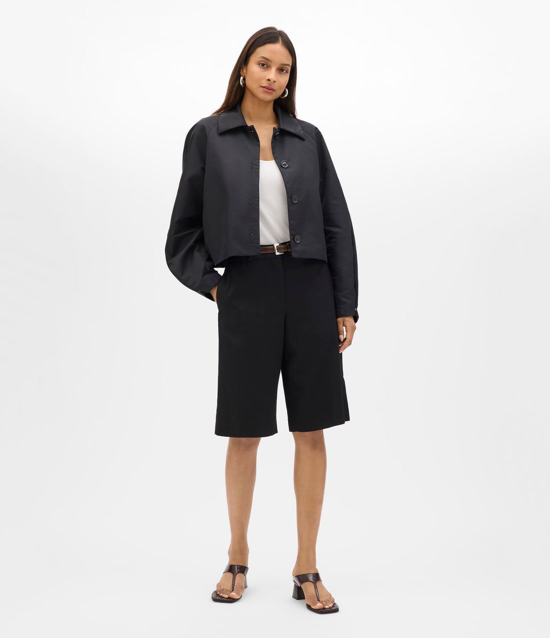Another Tomorrow Short Balmacaan in Black – Nylon Women's Outerwear